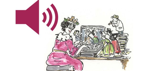 Audiosymbol und Zeichnung einer Frau am Computer